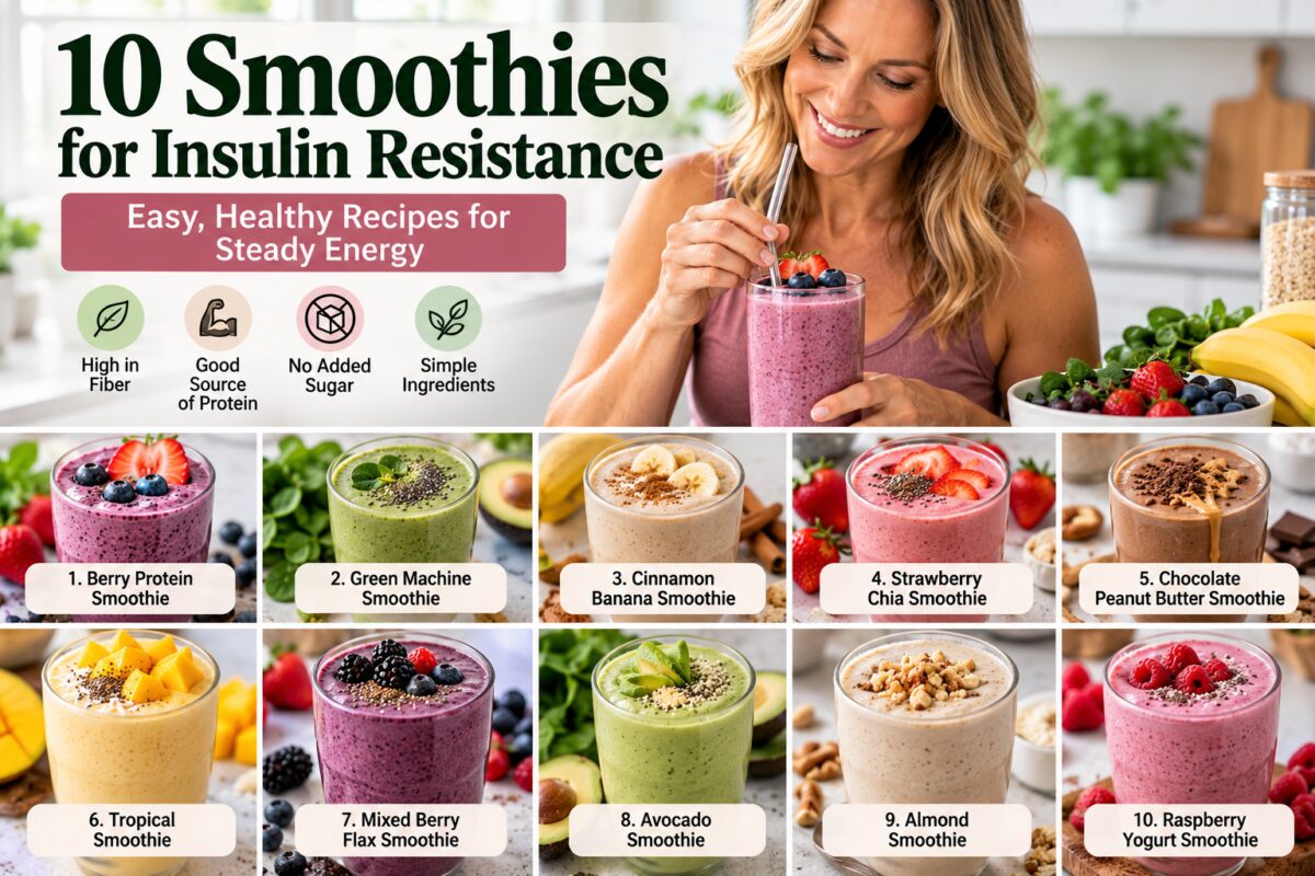 American woman holding a berry smoothie with colorful smoothie recipes and fresh ingredients in a bright kitchen