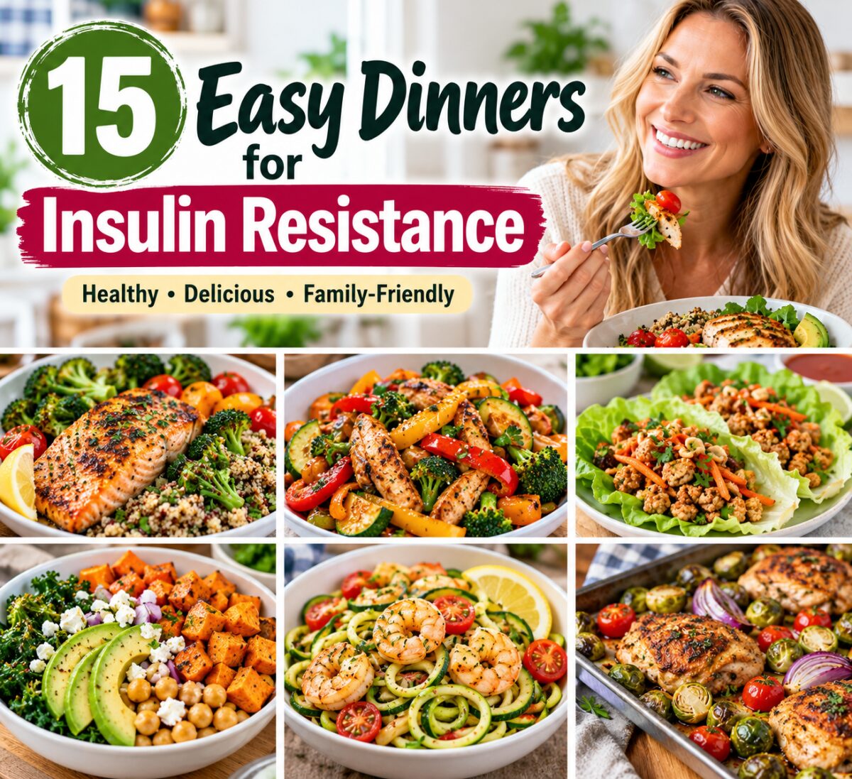 American white woman enjoying a balanced chicken salad with colorful easy dinner ideas including salmon, stir-fry, chickpea bowls, shrimp, and roasted chicken