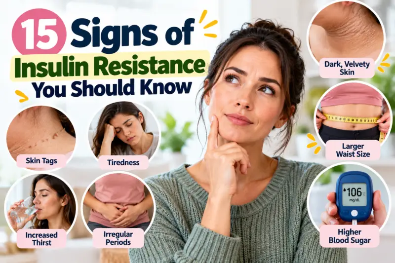 Illustrated health article cover about signs of insulin resistance, including skin changes, tiredness, thirst, waist size, and blood sugar screening.