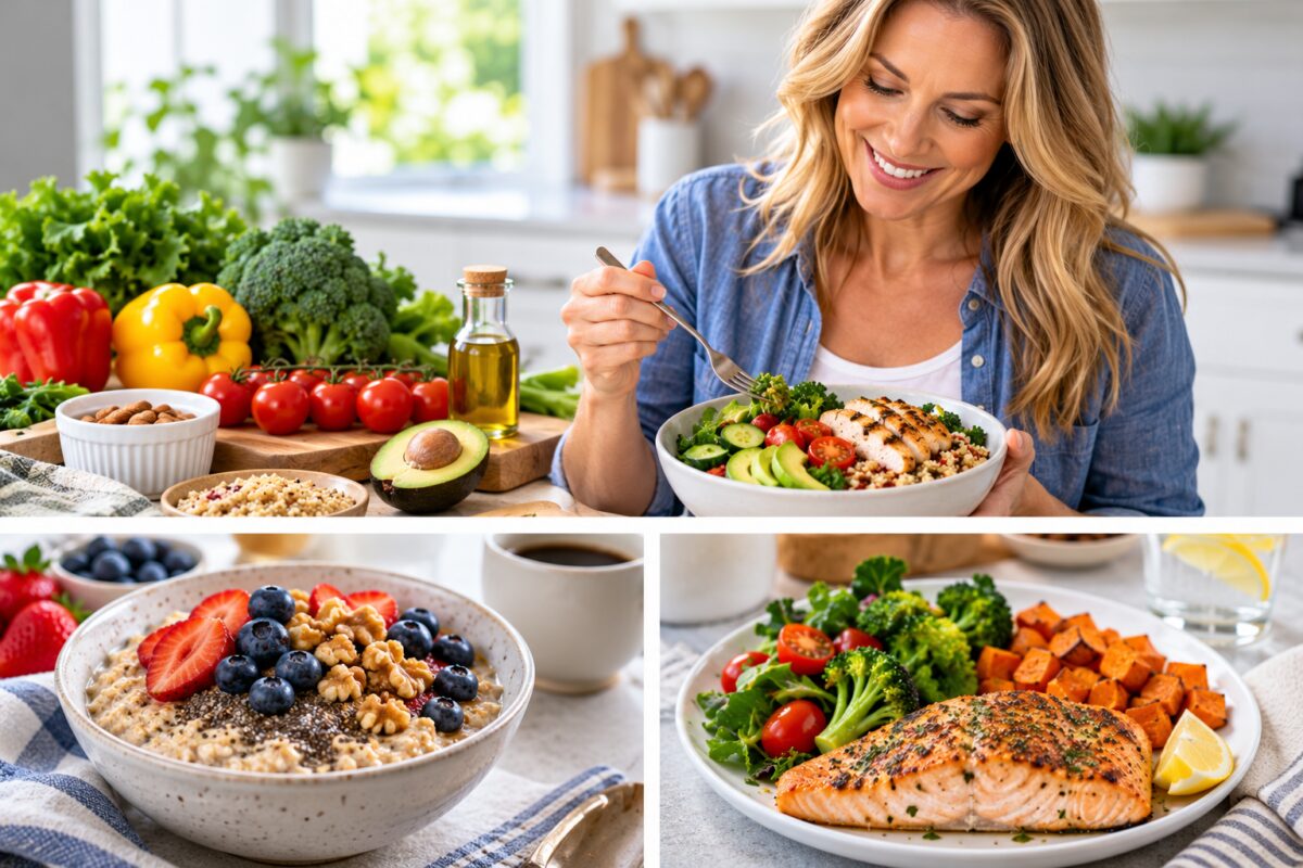 American woman enjoying a balanced chicken and grain bowl with vegetables in a bright kitchen, with healthy breakfast and dinner foods