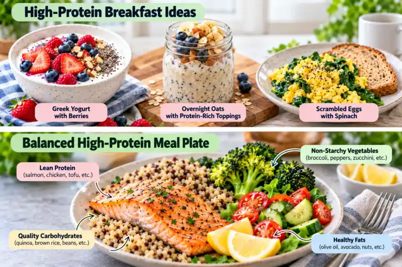 Balanced high-protein meal plate with salmon, quinoa, broccoli, fresh vegetables, and healthy fats