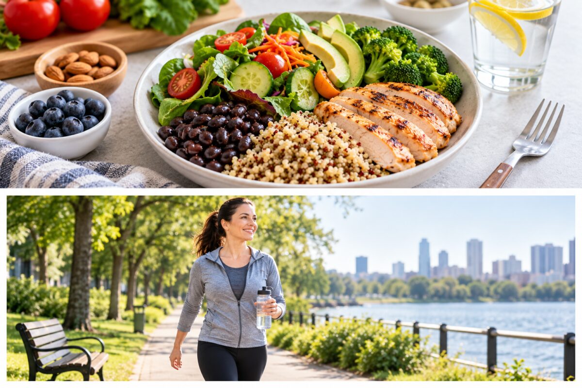 Balanced meal with vegetables, whole grains, beans and grilled chicken alongside a woman walking outdoors