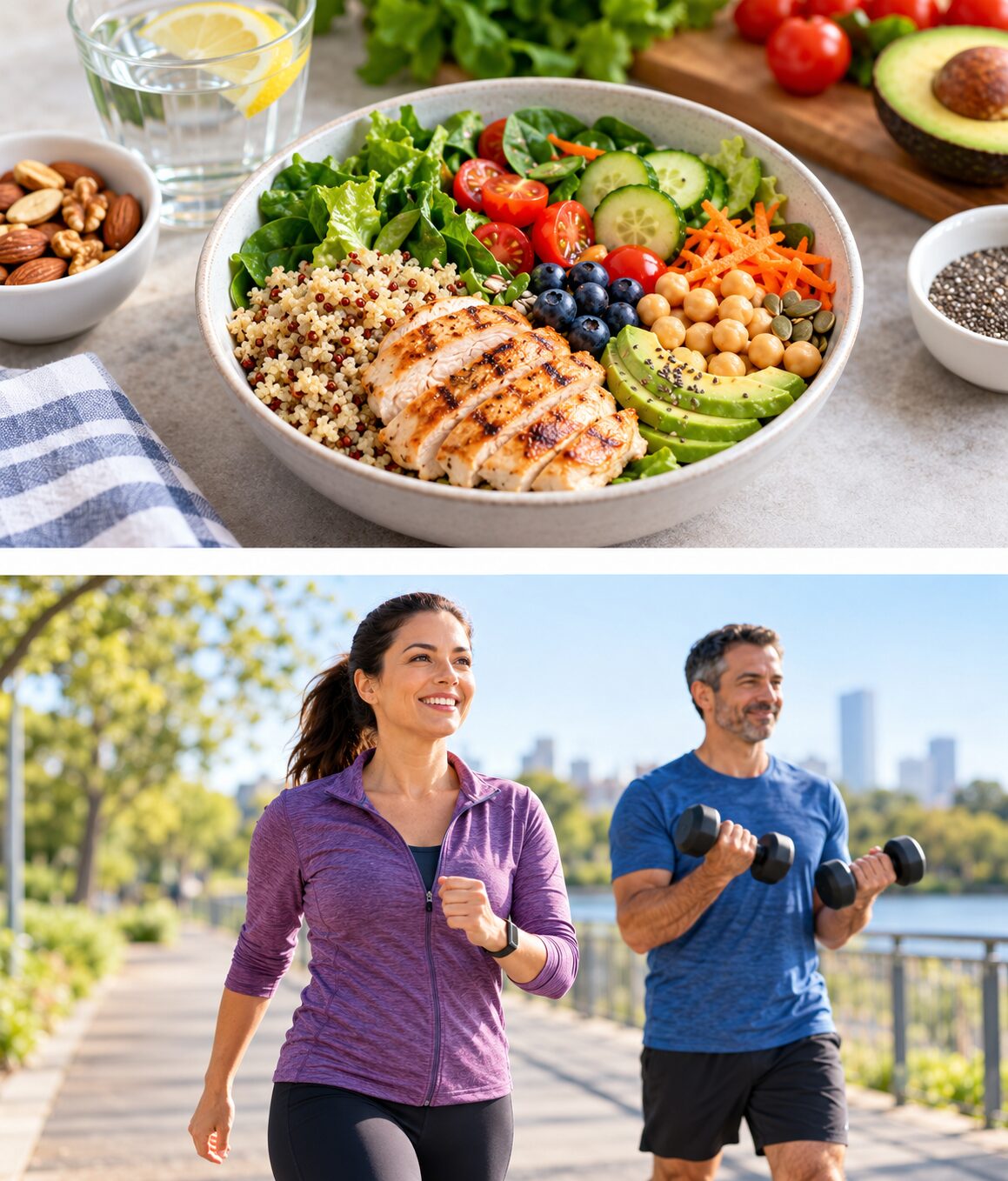 Balanced bowl with vegetables, chickpeas, quinoa and grilled chicken above adults walking and lifting dumbbells outdoors