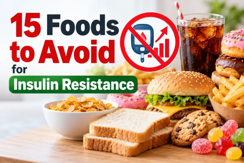 Featured image illustrating sugary drinks, doughnuts, fries, burger, cookies, and white bread for an article about foods to limit with insulin resistance.
