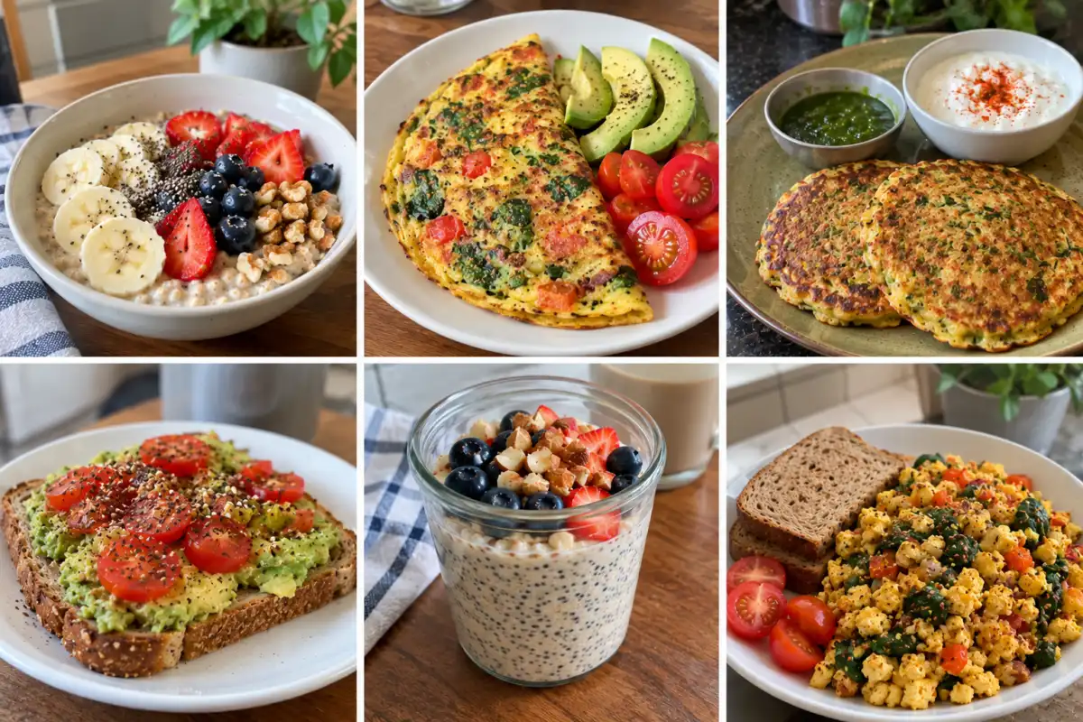 Six breakfast ideas including oatmeal with fruit and nuts, a vegetable omelet, cottage cheese with fruit, avocado toast, chia pudding, and tofu or egg scramble with whole-grain bread.