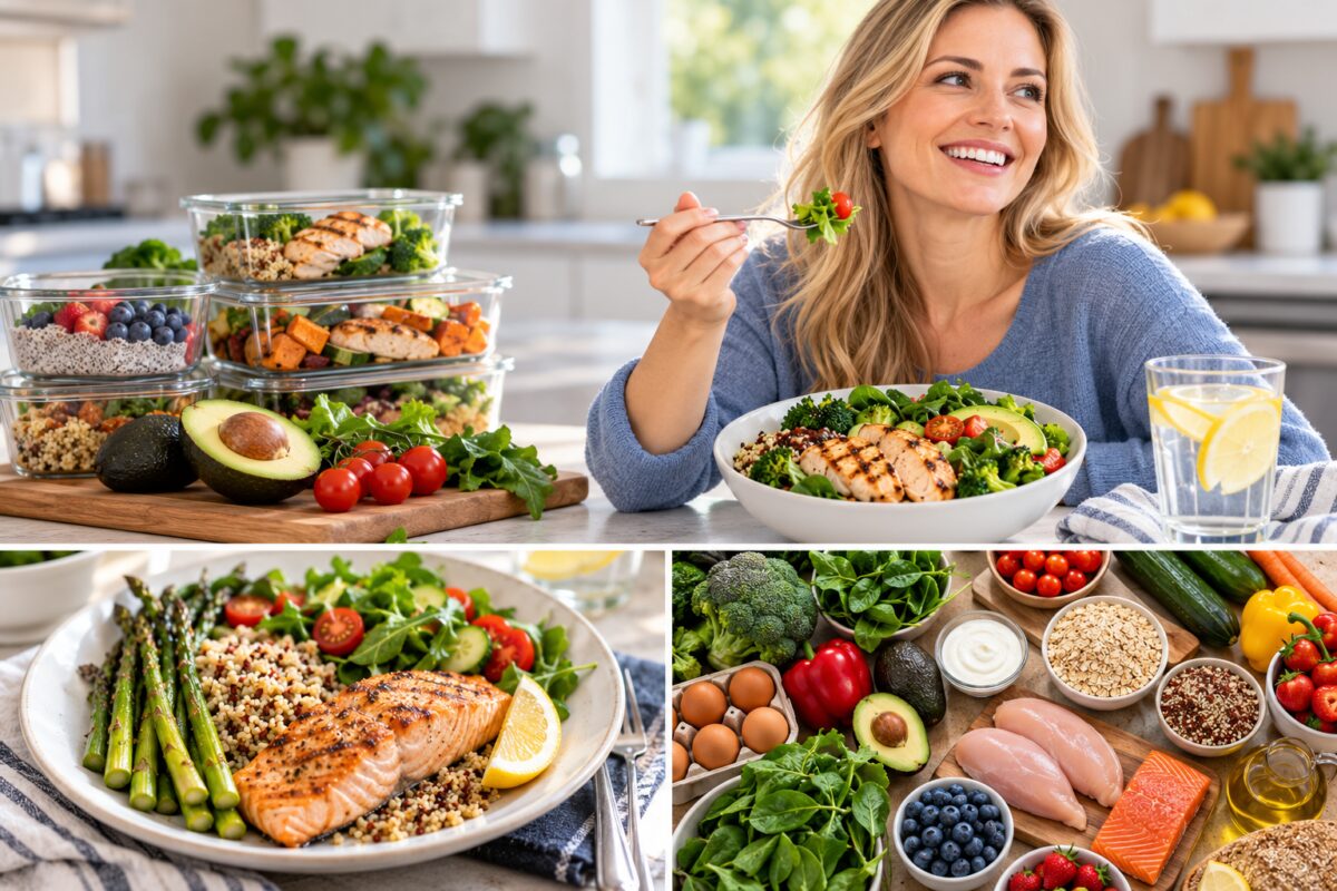 Fresh vegetables, berries, oats, eggs, chicken, salmon, yogurt, and whole grains arranged for weekly meal planning