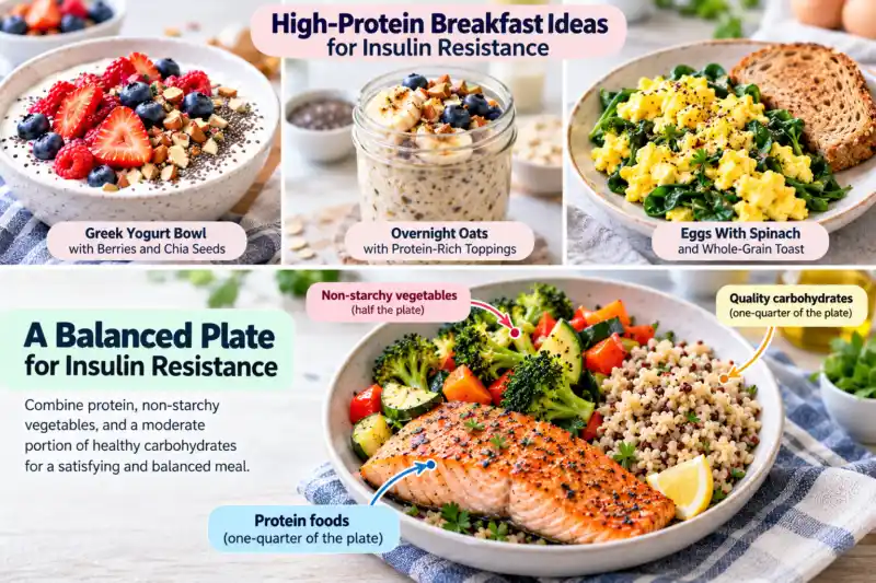 High-protein breakfast ideas including Greek yogurt with berries, overnight oats, and eggs with spinach