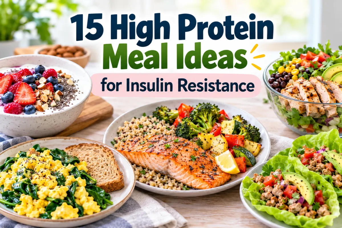High protein meal ideas for insulin resistance with Greek yogurt, eggs, salmon, chicken salad, and fresh vegetables
