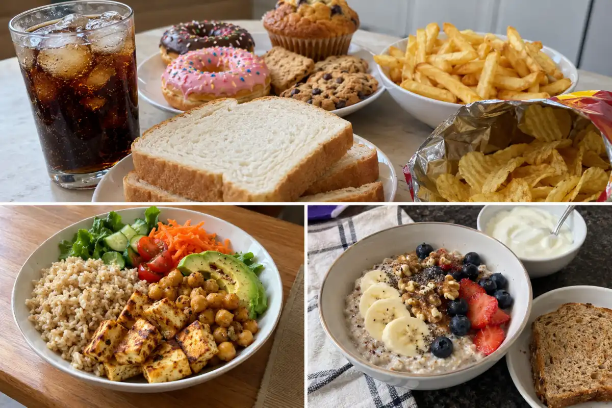 Sugary drinks, pastries, white bread and fries alongside balanced meals with vegetables, chickpeas, grains, tofu, oats, berries and nuts.