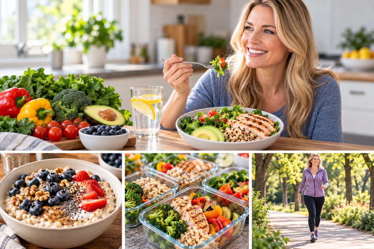 American woman preparing balanced meals with vegetables, chicken, grains, and fresh produce