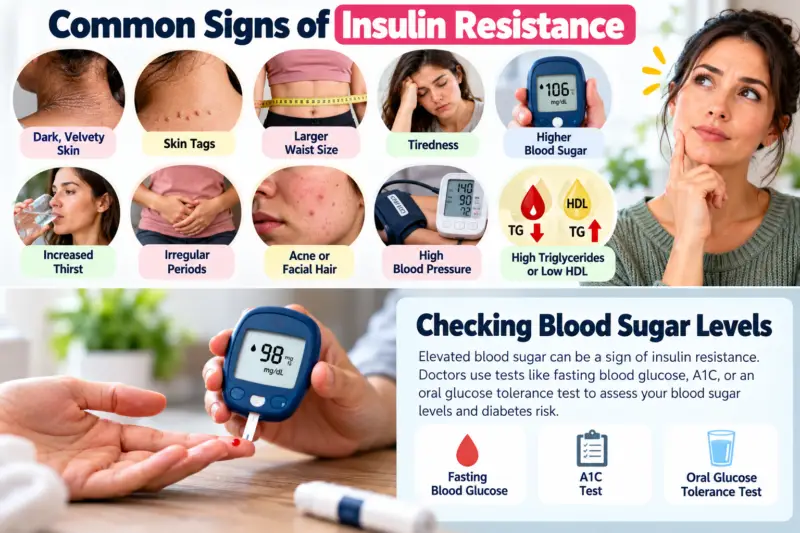 Educational infographic summarizing possible signs of insulin resistance and blood sugar testing options including fasting glucose, A1C, and oral glucose tolerance testing.