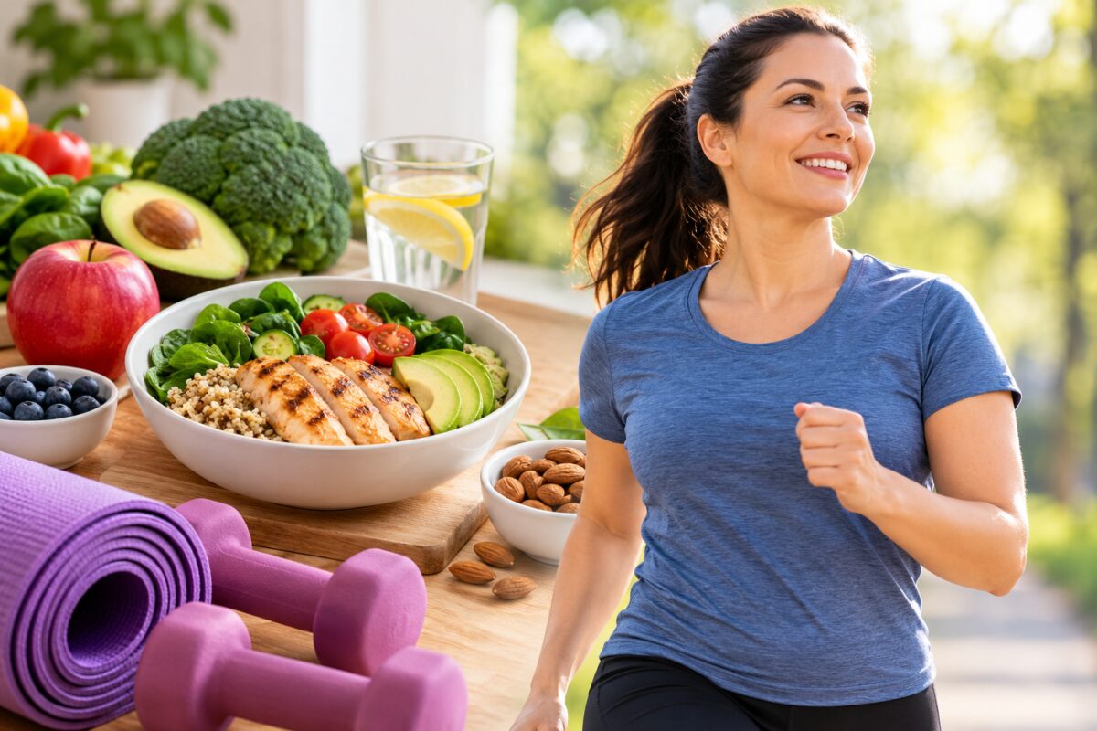 Balanced meal with vegetables, whole grains and grilled chicken beside a woman exercising outdoors