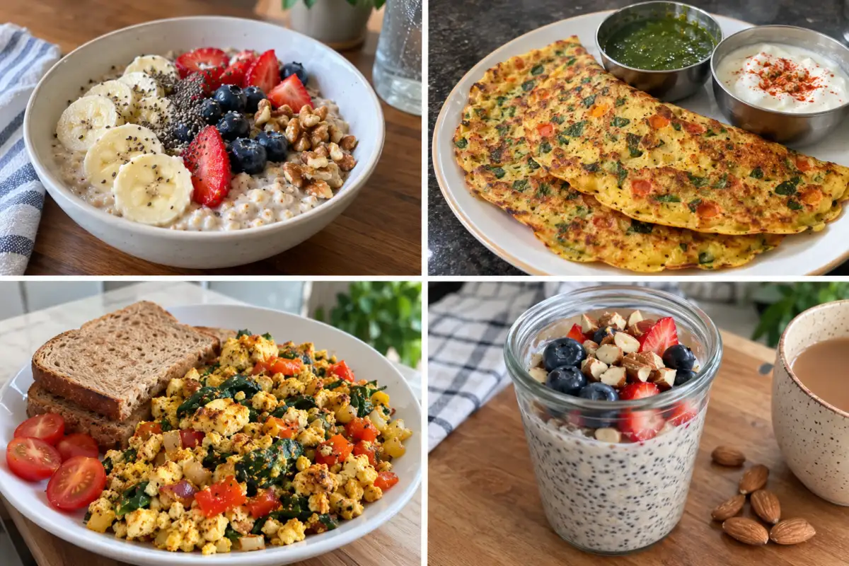 Four breakfast ideas: oatmeal with fruit and nuts, Greek yogurt with berries, vegetable scramble with whole-grain toast, and chia pudding with berries.