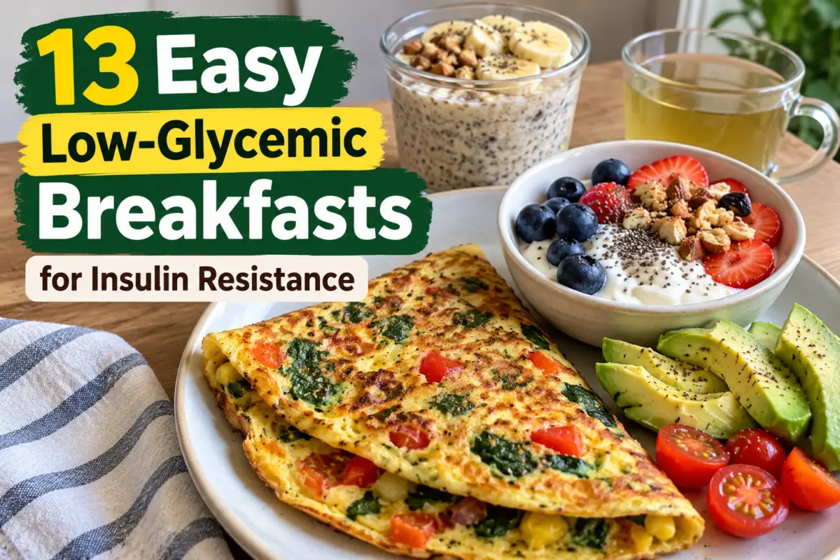 Breakfast spread with vegetable omelet, yogurt with berries and nuts, overnight oats with banana and chia seeds, and tea for an article about low-glycemic breakfast ideas.
