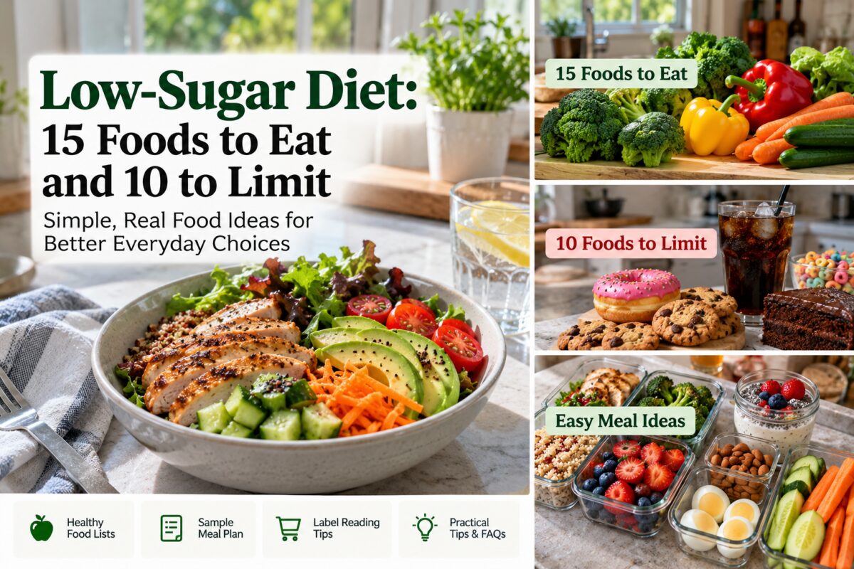 Food guide collage showing nutritious foods to eat, sugary foods to limit, and balanced meal ideas