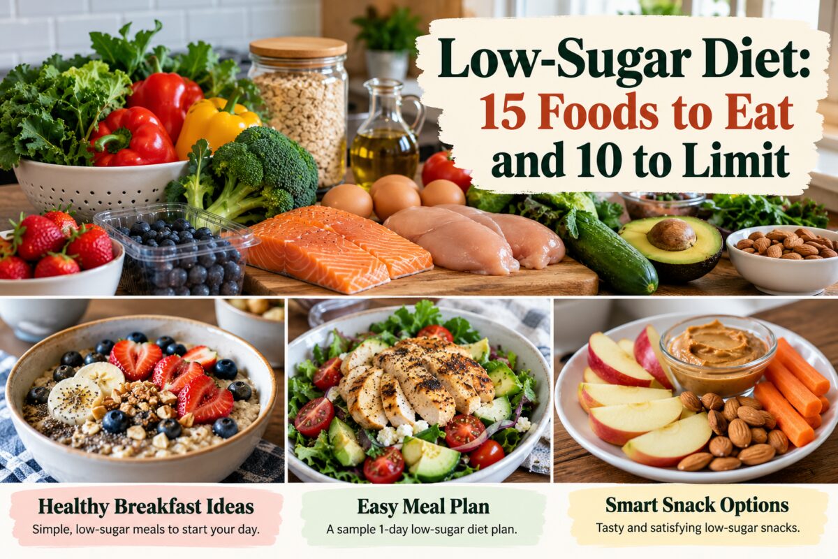 Low-sugar diet foods including vegetables, berries, oats, salmon, chicken, eggs, avocado, nuts, and balanced meal ideas