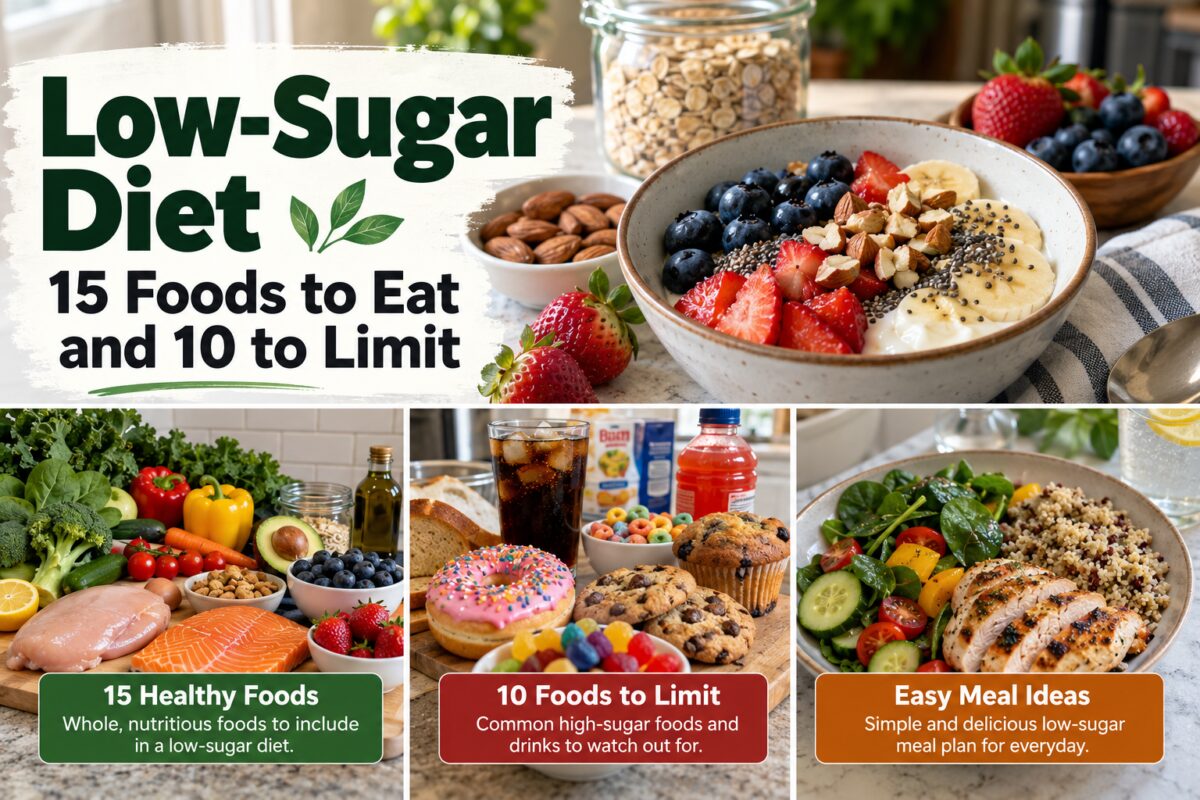 Low-sugar diet collage showing berries, yogurt, oats, vegetables, protein foods, and examples of foods to limit