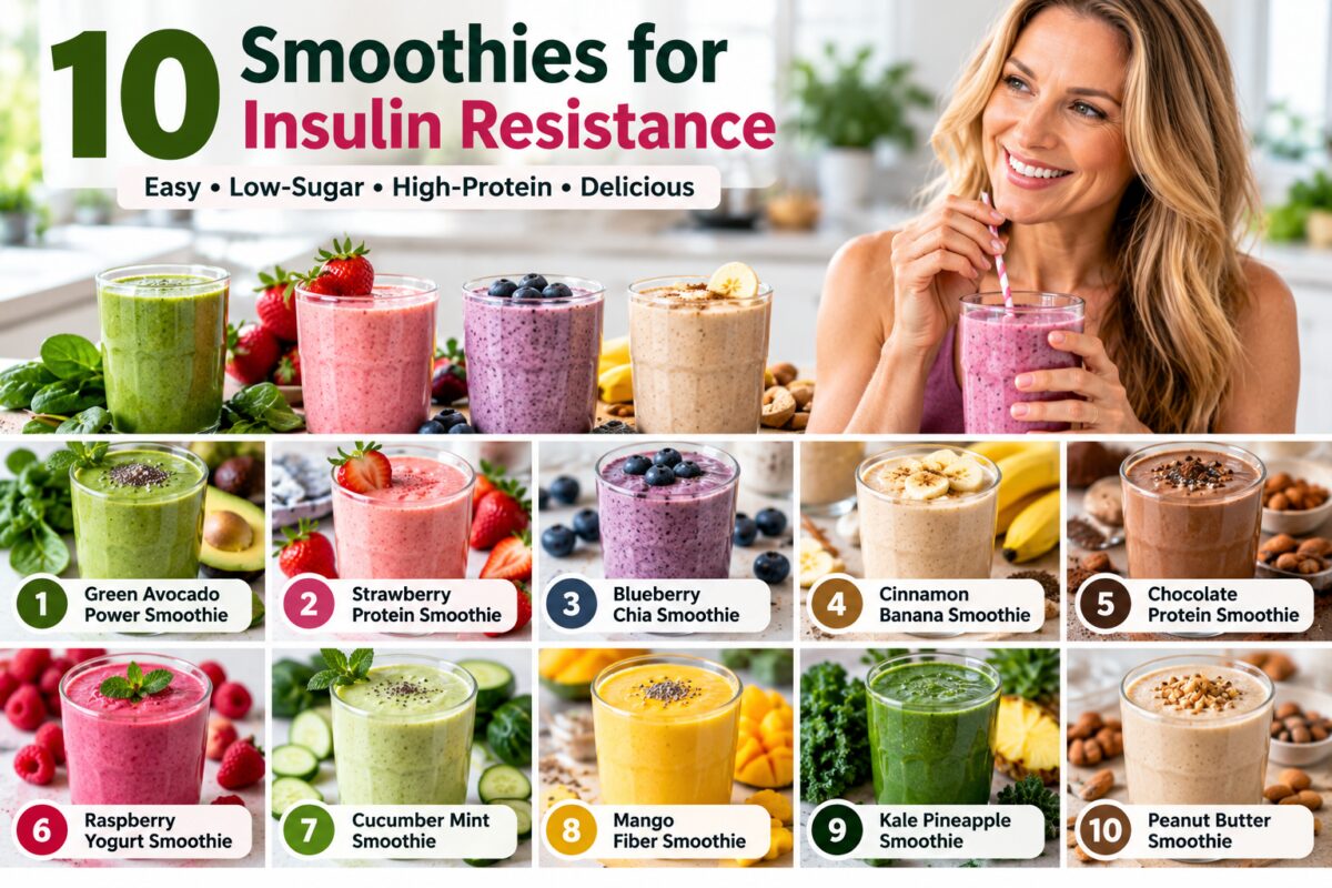 Smoothie ingredient ideas including berries, green smoothies, mango, yogurt, and nut butter in a colorful recipe collage