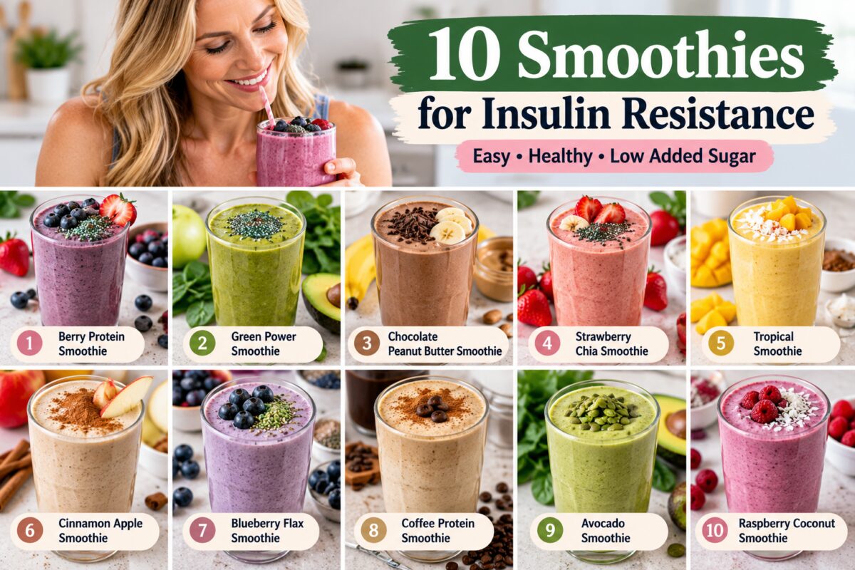 Colorful berry, green spinach, strawberry chia, chocolate peanut butter, and tropical smoothies arranged in a recipe collage