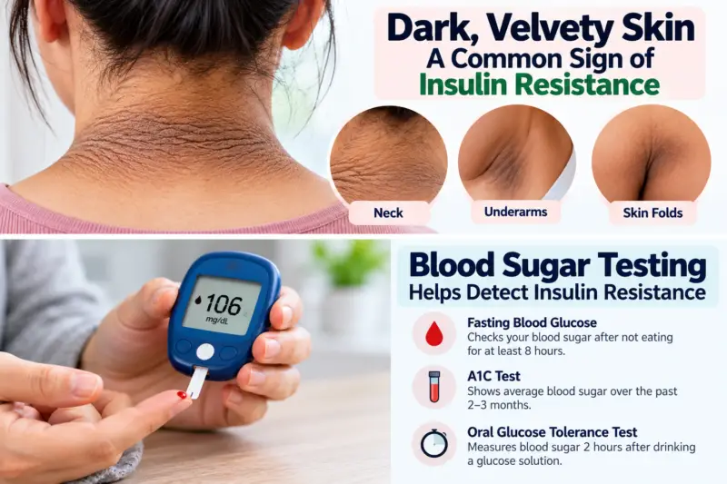 Health infographic showing dark, velvety skin on the neck and skin folds, with information about blood sugar testing.